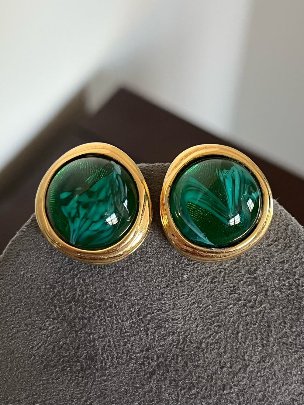 Authentic Vintage Dior Green Swirly Glass Cabochon Irregular Gold Clip Earrings